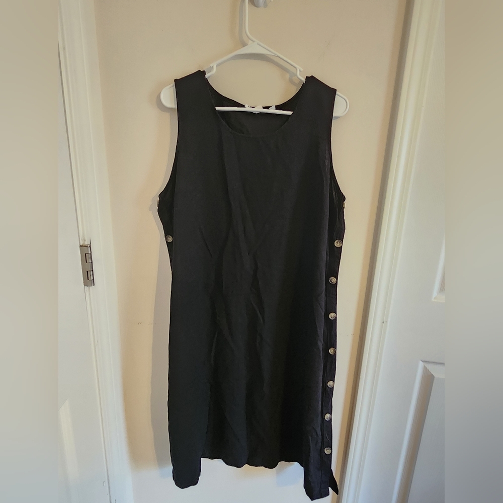 Westbound Black Sleeveless Midi Dress with Side Buttons Linen Rayon XL
